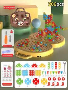 Kids Educational Screw Tightening Simulation DIY Nut Multi-Functional Assembly Building Block Tool Box, Suitable For Indoor/Outdoor Travel Games, Ages 3-12, Interactive Toys For Boys And Girls, Random Accessories, Colors And Stickers