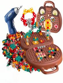 Kids Educational Screw Tightening Simulation DIY Nut Multi-Functional Assembly Building Block Tool Box, Suitable For Indoor/Outdoor Travel Games, Ages 3-12, Interactive Toys For Boys And Girls, Random Accessories, Colors And Stickers