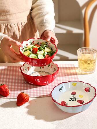 4/2个 6/5.7英寸 红色玫瑰陶瓷碗，草莓沙拉碗，可爱水果搅拌碗，饭碗，甜点碗，适用于家庭厨房、餐厅、聚会、微波炉