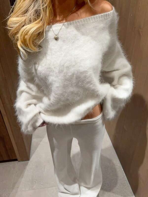 Femmes Couleur Unie Épaule Dénudée Manches Longues Élégant Pull, Convient Pour Les Rendez-Vous, Automne/Hiver