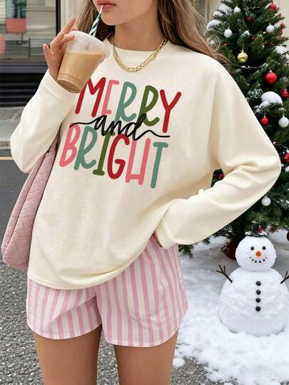 1pc Christmas Colorful Letter Print Crew Neck Long Sleeve T-Shirt For Teenage Girls, Casual Student Tops For Autumn