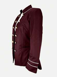 Solid Color Front Button Office/Commute/Party Double-Breasted Fitted Blazer - Burgundy - View 5