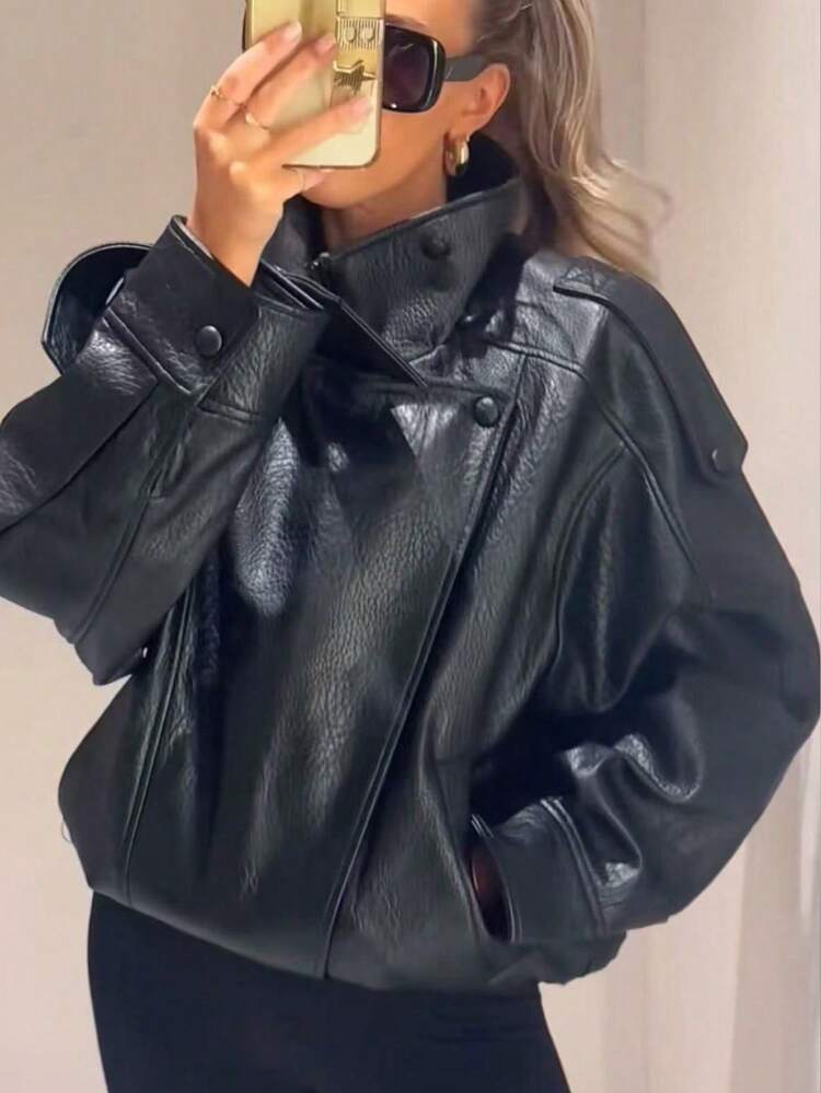 Chaqueta de mujer de piel sintética negra, chaqueta bomber con cremallera de manga larga, ropa de abrigo de otoño/invierno, estilo callejero - Negro - Añade 6