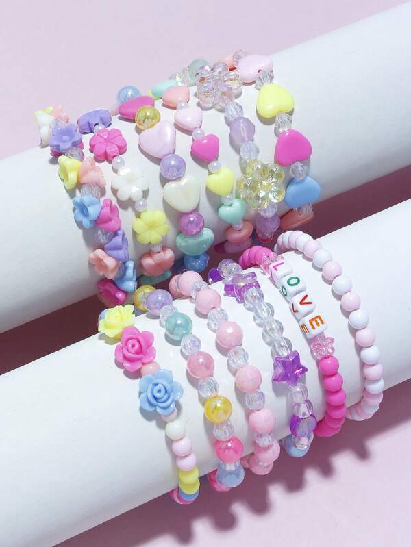 12 pièces Ensemble de bracelets à breloques avec des designs de cœur, fleur et papillon. Convient pour les filles au quotidien, les festivals, les fêtes et les cadeaux