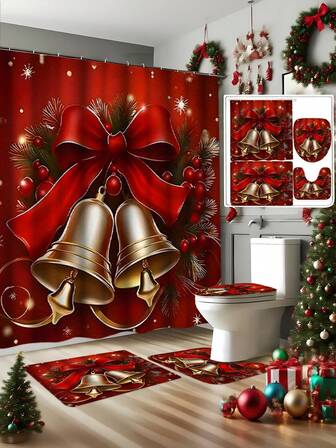 1/4pcs Christmas Bell Pattern Shower Curtain Set, Includes 12 Hooks, Bathroom Decor Accessories, Non-Slip Bath Mat, U-Shaped Mat, Toilet Seat Cover, Home Decor, Complete Bathroom Set (1pc/4pcs Optional)