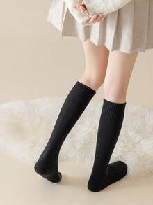 女士过膝长袜一双装，多种颜色可选，加厚保暖羊毛混纺，纯色设计，经典时尚，适合秋冬季节，Y2K风格，舒适袜子