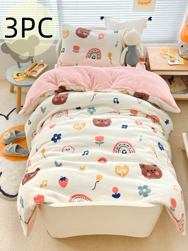 Juego de ropa de cama infantil de 3 piezas con estampado de osos arcoíris de colores, incluye 1*Funda nórdica + 1*Funda de colchón + 1*Funda de almohada, de tela de terciopelo de leche suave, adecuado para niñas y niños, Funda nórdica: 120x150cm, Sin relleno