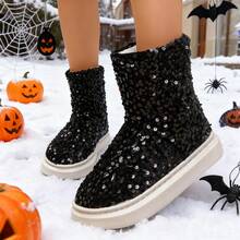 2025 New Women's Halloween Thick-Soled Snow Boots, Fashionable High Heel Furry Shoes, Winter Indoor Home Non-Slip Warm Shoes, Comfortable Soft-Soled Lightweight Slippers, Furry Ankle Boots For Autumn/Winter Indoor Wear - Black Background With Black and Silver Sequins - View 14