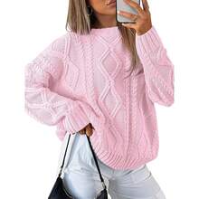 2025  Women's Oversized Cable Knit Crewneck Sweaters - 淡粉紅色 - 查看 1