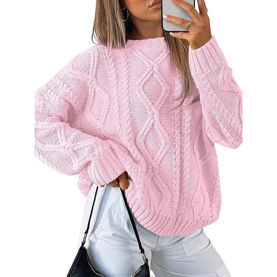 2025  Women's Oversized Cable Knit Crewneck Sweaters - 淡粉紅色 - 查看 1
