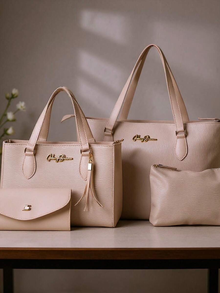 Kit 4 Anjik Medium Women's Bags + Wallet + Tote Bag + Toiletry Bag, Zipper Closure, Synthetic PU, Everyday Bag, Luxurious, Elegant, Party, Work, School, University. Gaby Show - 卡其色 - 查看 1