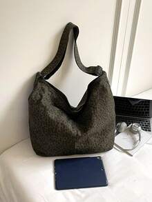 时尚大容量橄榄绿豹纹水洗复古帆布托特包，简约休闲百搭拉链开合单肩包，适合日常使用、上学、短途旅行、街头风格，可折叠拼布斜挎包，休闲流浪包，户外露营邮差包 - 墨綠色 - 查看 8