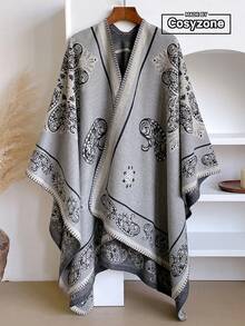 1pc Elegant Vintage Paisley Floral Jacquard Thick Warm Slit Shawl, Women's Bohemian Style Versatile Air Conditioning Shawl Blanket, Suitable For Autumn/Winter Outings, Travel, Photography, Keeping Warm