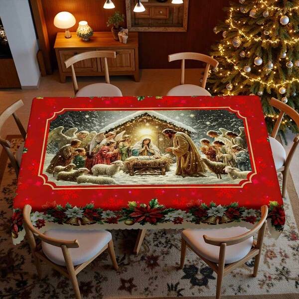 1pc Vintage Traditional Christmas Tablecloth, Jesus Nativity Scene Red Snowy Landscape Angel Shepherd Starry Night Tablecloth, Polyester Fabric, Lace Edging, Rectangular And Round Shapes, Suitable For Indoor And Outdoor - Kitchen, Dining Room Decor, Ideal Christmas Gift, Dinner Party, Picnic, Home Kitchen Decoration
