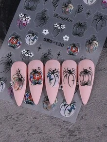 2PCS Fall Pumpkin 5D Embossed Nail Stickers Simple Pumpkin Flowers Black Edge DIY Designs 5D Autumn Nail Art Decals Self-Adhesive Sliders For Women Autumn Thanksgiving Manicure Accessories - 彩色 - 查看 7