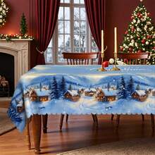 1pc Christmas Atmosphere Tablecloth, "Snowy Mountain Village Starry Sky" & "Merry Christmas" Letter Blue Tablecloth, Polyester Fabric, Lace Edging, Rectangular And Round, Multi-Size Suitable For Indoor And Outdoor - Kitchen, Dining Room Decor, Ideal Christmas Gift, Dinner Party, Picnic, Home & Kitchen Decoration