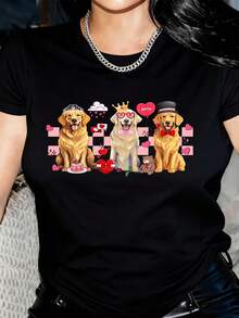 Golden Retrievers With Crowns And Hearts Women's T-Shirt Featuring Adorable Dogs In Royal Attire Perfect For Dog Lovers Valentine's Day Gift Idea Cute Animal Print Top - 黑色 - 查看 1