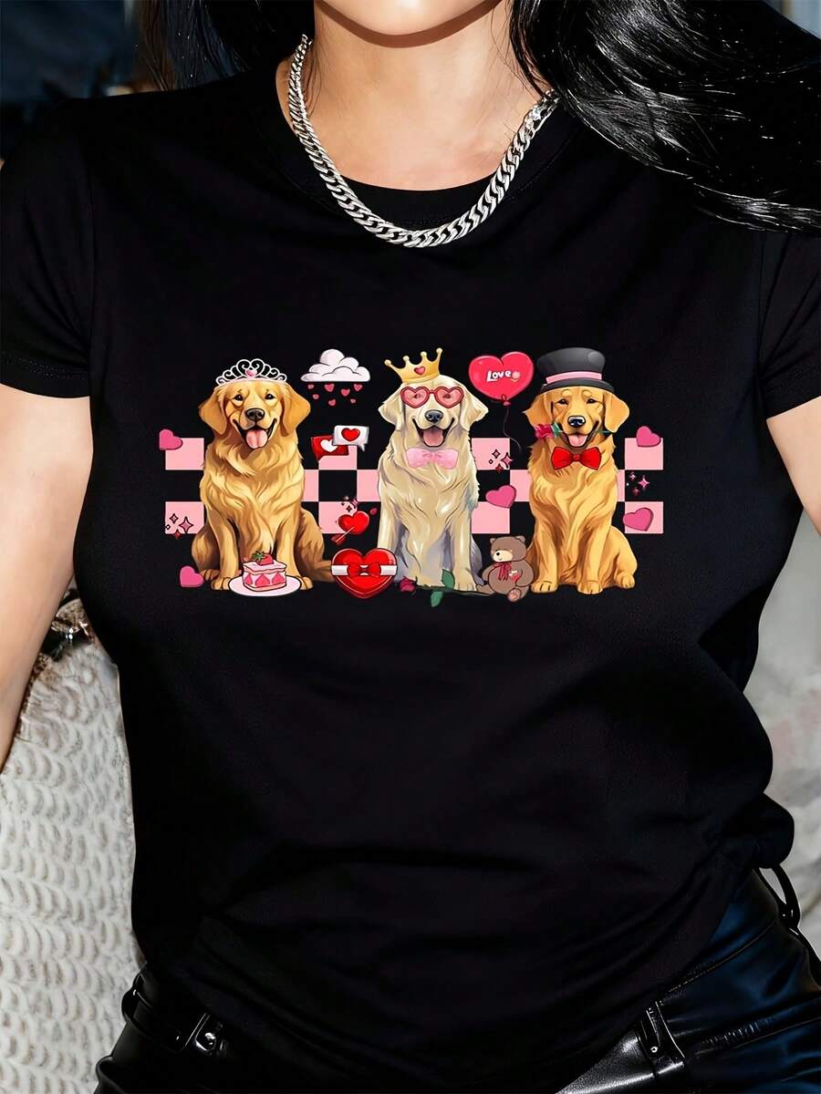 Golden Retrievers With Crowns And Hearts Women's T-Shirt Featuring Adorable Dogs In Royal Attire Perfect For Dog Lovers Valentine's Day Gift Idea Cute Animal Print Top - 黑色 - 查看 1