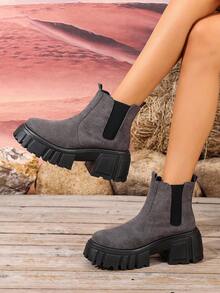 Bottes de cheville à plateforme pour femmes, mode automne/hiver. Bottes Chelsea à bout rond minimalistes et polyvalentes, convenant pour le port quotidien et le streetwear, bottes de motard - Gris - Voir 7