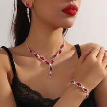 3 件套优雅粉红玫瑰金水钻项链耳环首饰套装，适合女性婚礼生日派对 - 玫紅色 - 查看 9