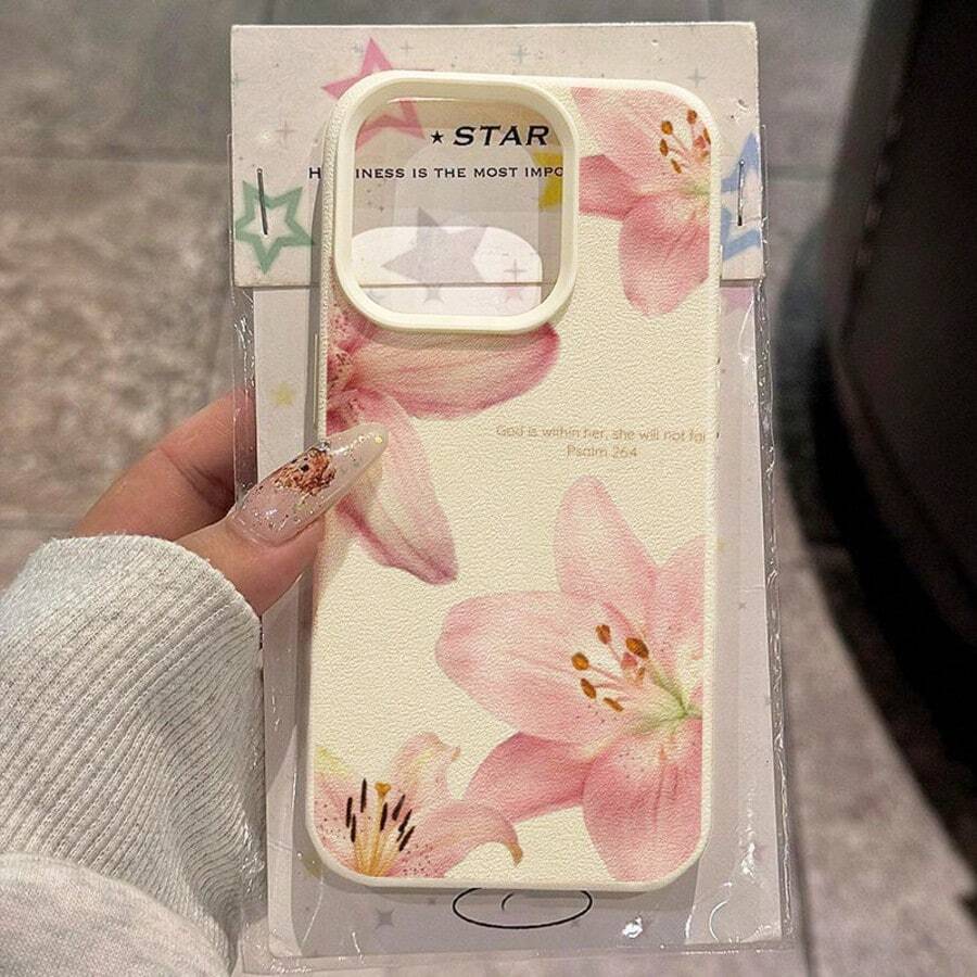 1pc TPU Material Romantic Pink Lily & Letter Pattern Phone Case Compatible With IPhone 17 Pro Max/17/16 Pro Max/15/13/12/11, S20 FE/A15/S24/A55, Redmi Note 11/12/13 Pro, Full Coverage Anti-Drop Soft Protective Phone Cover