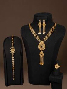 5pcs 18K Gold Plated Elegant Jewelry Set, Featuring Teardrop Pendant Necklace With Tassel, Suitable For Weddings, Celebrations, Parties, Gifts