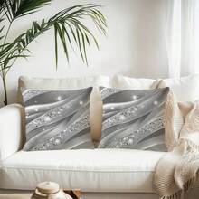 2 piezas Funda de cojín con patrón de cuentas brillantes de estilo bohemio geométrico, 45x45cm, cuentas de poliéster de lujo plateadas y negras translúcidas, cierre con cremallera, funda de almohada decorativa de estilo rústico adecuada para todo tipo de habitaciones, lavable a máquina - Inserto de almohada no incluido, funda de almohada decorativa para todas las estaciones