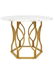 Mesa de comedor redonda (100 cm * 76 cm), mesa de cocina, mesa de centro redonda para 4, adecuada para comedor, sala de estar, patas de mesa de metal, tablero de MDF marmolado, patas doradas