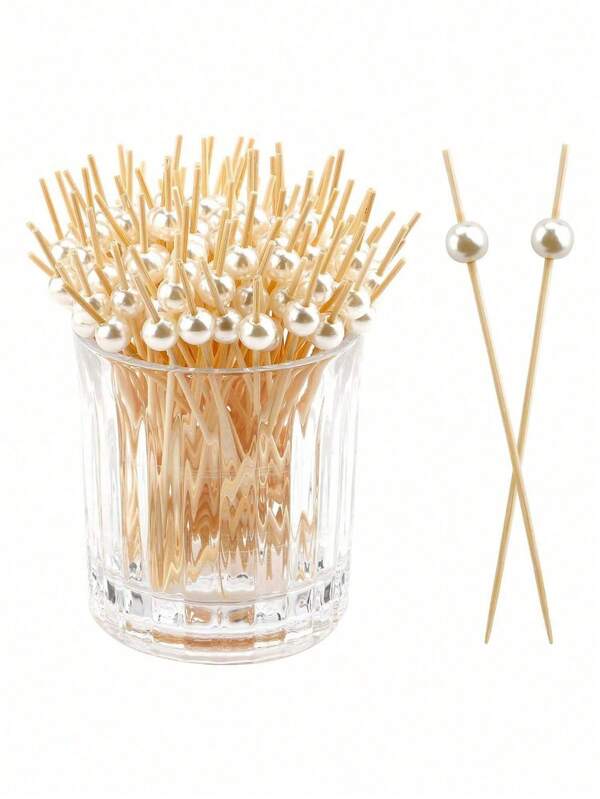 10/20/50/100/200pcs White Pearl Bamboo Fruit Picks, Suitable For Outdoor BBQ/Cocktail Party