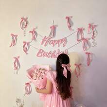 11 piezas Conjunto de decoración de pared con moños rosas, incluye 10 piezas de lazos de cinta + 1 pieza de corona de cumpleaños, adecuado para fiesta bohemia DIY, eventos con tema de ballet, perfecto para boda y sesión de fotos en el dormitorio