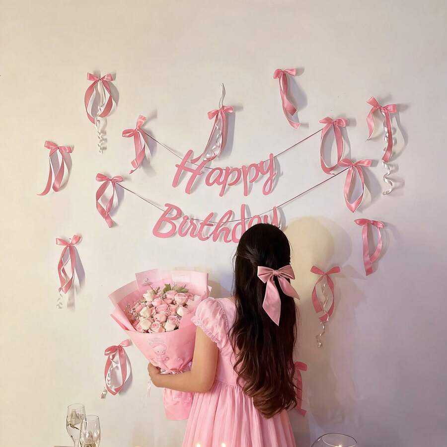 11 piezas Conjunto de decoración de pared con moños rosas, incluye 10 piezas de lazos de cinta + 1 pieza de corona de cumpleaños, adecuado para fiesta bohemia DIY, eventos con tema de ballet, perfecto para boda y sesión de fotos en el dormitorio