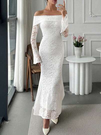 Unadoll 女士秋季女装蕾丝面料露肩性感优雅连衣裙，适合婚礼、度假、外出、约会、派对、返校、圣诞节穿着