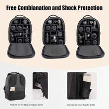 Un puerto para cámara para una bolsa de cámara rígida con doble hombro. Bolsa de cámara profesional y protectora, impermeable y a prueba de golpes, mochila para cámara réflex de objetivo único. Adecuada para portátiles de 15.6 pulgadas