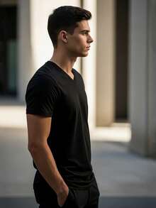 Men's Premium Slim Fit V-Neck Egyptian Cotton T-Shirt - 黑色 - 查看 2