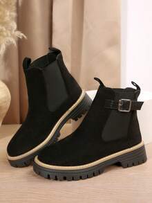 Women's Buckle Decor Patchwork Round Toe Slip-On Black Short Boots, Western Style Suitable For Holidays, Outdoor, Halloween And Daily Wear, Autumn/Winter New High Heel Boots, Fashionable And Comfortable To Pair With Jackets