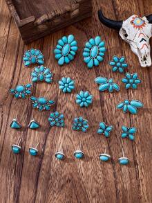 6/12/24pcs Retro Western Style Turquoise Stud Earrings, Geometric Triangular, Round, Square, Flower-Shaped Turquoise Stud Earrings Set For Women, Daily Wear