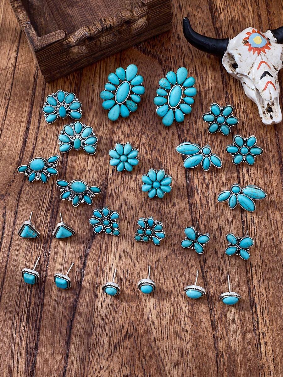 6/12/24pcs Retro Western Style Turquoise Stud Earrings, Geometric Triangular, Round, Square, Flower-Shaped Turquoise Stud Earrings Set For Women, Daily Wear