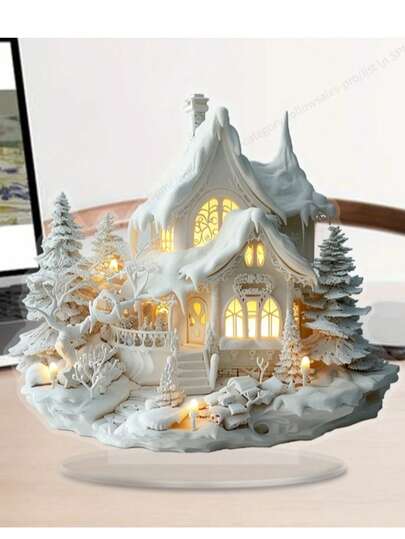 Acryl 2D flache Plakette mit verschneiter Hütte im Boho-Stil - perfektes Weihnachtsgeschenk mit Ständer für Heim- und Bürodekoration