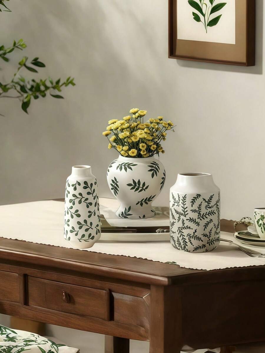 1 Peça Vaso Cerâmico com Design Fresco e Minimalista, Padrão Impresso Branco - Adequado para Segurar Água para Arranjar Flores Frescas e Pode Ser Usado como Ornamento Decorativo em Múltiplos Cenários