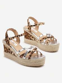 Woven Wedge Sandals With Interwoven Leopard Straps - Silver - View 5