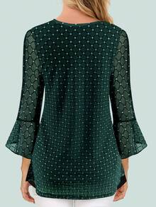 女士荷叶边七分袖优雅连衣裙圆领双层网纱束腰上衣夏季 - 綠色 - 查看 5