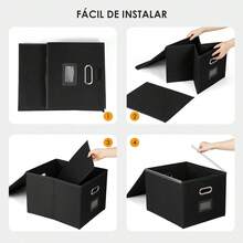 TECHVIDA Caja de Almacenamiento de Archivos con Tapa, Caja Organizadora de Achivos Portátil de Lino, Almacenamiento Plegable, Caja Organizadora de Archivos con, Apto para Oficina o Hogar (Negro) - Negro - Ver 7