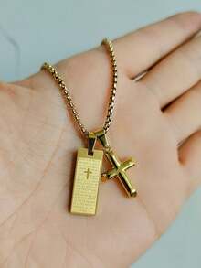 MECYLIFE 1pc Personalized Scripture Cross Pendant Stainless Steel Men's Necklace - Yellow Gold - View 3