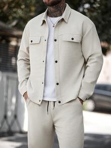 Conjunto de chaqueta casual de punto de gofre de estilo vintage para hombre de otoño/invierno - Caqui - Ver 3