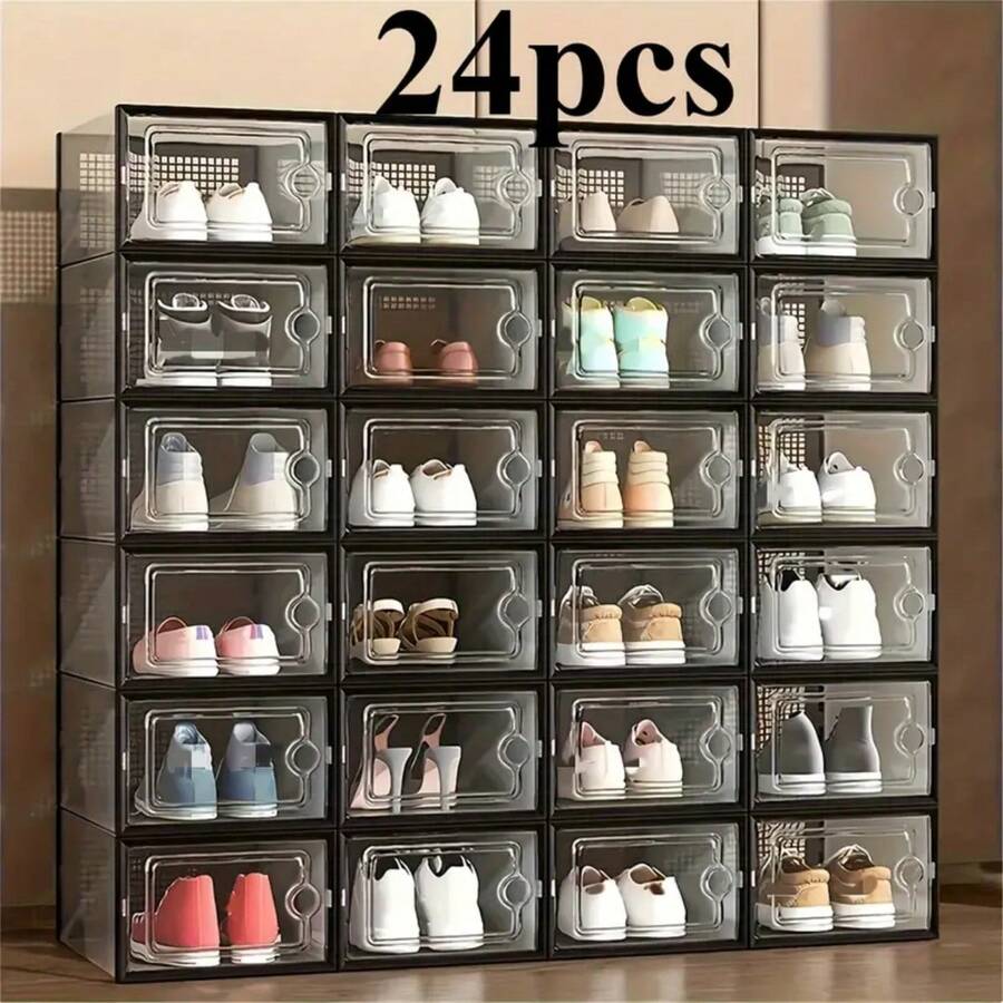 6/12/24Pcs Thick Transparent Foldable Shoe Boxes With Lids - Stackable, Space Saving Entry, Bedroom, Home, Dormitory Storage Organizer For Convenient Storage And Display - 黑色 - 查看 1