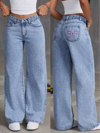 Tween Girls' Loose Fit Distressed Denim Trousers With Embroidered Bow Decor, Comfortable & Wide Leg Jeans