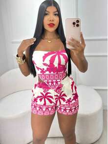 Launch Of PONTA Women's Shorts + Blouse With Coconut Tree Landscape Padding Set - Hot Pink - View 1