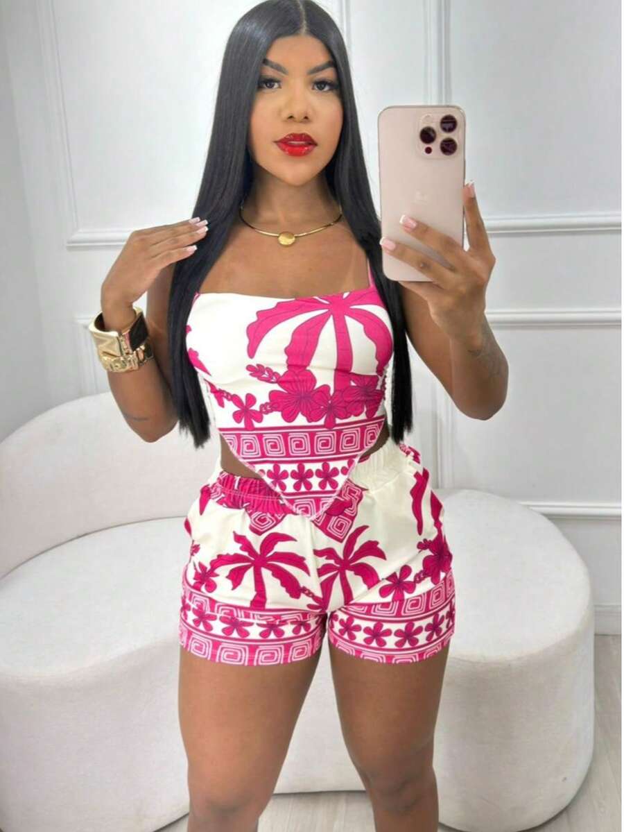 Launch Of PONTA Women's Shorts + Blouse With Coconut Tree Landscape Padding Set - Hot Pink - View 1
