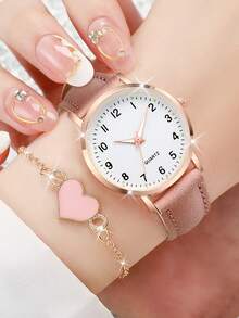 6 件套女士时尚休闲数字表盘石英腕表 + 心形手链（不含表盒） - 彩色 - 查看 4