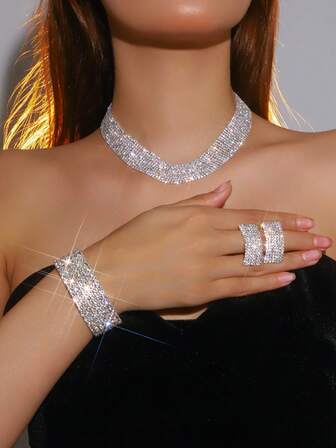 Modernt diamantsmyckes-/accessoarset, inklusive diamanthalsband, örhängen, armband - Lämplig för kvinnors vardagskläder, bröllop, fester, Halloween och andra tillfällen